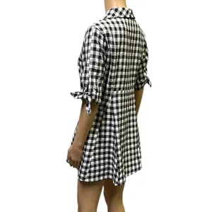 Kate Lily Gingham Short Tie Sleeve Button Up Tunic Blouse Black White Womens 8 thumbnail 4