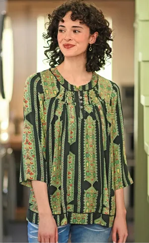 April Cornell Peru Ruffled Hem Blouse Top Olive Floral Green Herbs L thumbnail 1