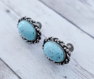 Vintage Screw On Earrings Turquoise Tone with Twisted Silver Tone Halo thumbnail 3