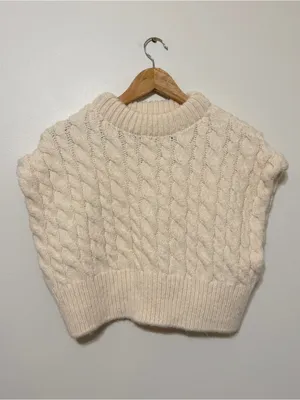 Zara Cream Cable Knit Sweater Vest Cropped Size Small thumbnail 2