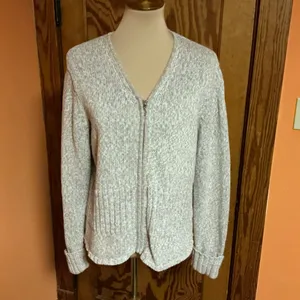 Y2K Christopher & Banks Oatmeal Zip Cardigan L Ramie Cotton Knit Sweater thumbnail 8