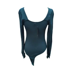 Lulus NWT 39R Forest Green Sweetheart Tie Front Long Bishop Sleeve‎ Bodysuit M thumbnail 4