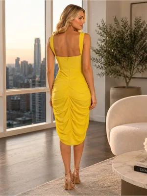 Miss Circle Yellow Ruched Sleeveless Bodycon Glam Party Cocktail Large Dress thumbnail 7