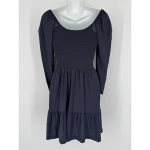 Nation LTD Noel Babydoll Dress XS Navy Pima Cotton Smocked Tiered Mini‎ thumbnail 9