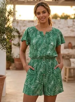 NWT ladies med tropical green white stretch romper thumbnail 1