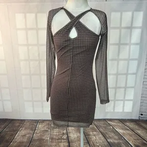 Motel Rocks 🔥5/$25 sale🔥 Brown and Neutral Plaid Pattern with Cutouts and Sheer Sleeve thumbnail 3
