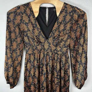 Lulus Floral Long Sleeve Satin V-neck Midi Dress Womens Size XL Navy Blue Orange thumbnail 2