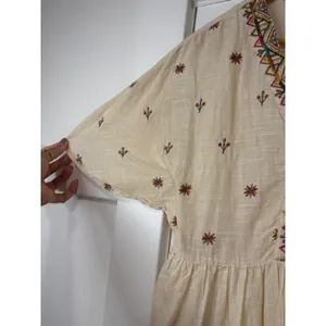 Max Women Cream Cotton Boho Embroidered V-Neck Ruffle Hem Mini Dress thumbnail 15