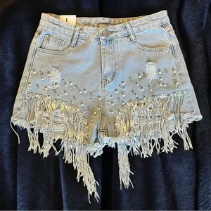 NEW Pearl Rhinestone Silver Sequin Fringe Distressed Denim Shorts SZ L thumbnail 1