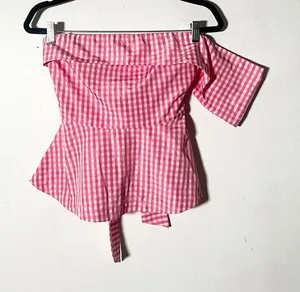 Revolve J.O.A. Los Angeles Top Medium Pink Gingham One Shoulder thumbnail 1