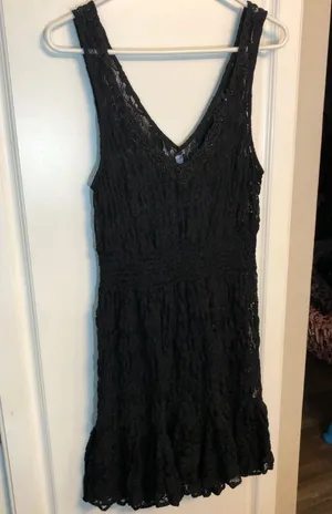 Free People sheer black floral lace mini dress with a beaded v-neck thumbnail 3