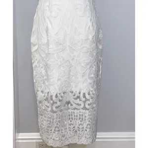Bardot white lace midi dress Scalloped Vneckline with afitted sheath silhouette. thumbnail 6