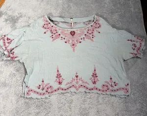 Free people Light Blue Embroidered Boho Top - Floral Accent large thumbnail 1