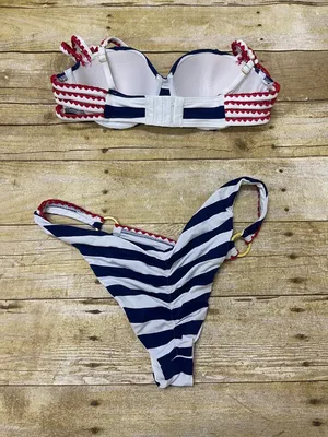 Beach Bunny Navy and White Striped Bikini with Red Trim gold accents size S/M (? thumbnail 2