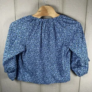 J.Crew Factory Peasant Top Womens Large Blue Floral Ruffle Trim Cotton Blouse thumbnail 4