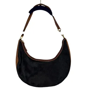 Floral Embroidered Pony Hair Crescent Hobo‎ Bag Black Brown Leather Strap Boho thumbnail 5