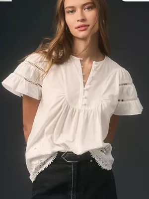 Anthropologie Love The Label 100% Cotton Flutter-Sleeve Peasant Blouse Small thumbnail 1
