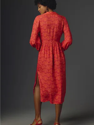 Farm Rio Midi Dress Womens Small Red Orange Long Sleeve V-Neck thumbnail 3