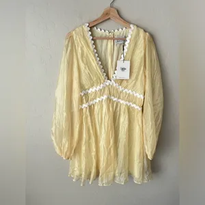 Hello Molly long sleeve sheer mini dress yellow large 8 NWT thumbnail 3