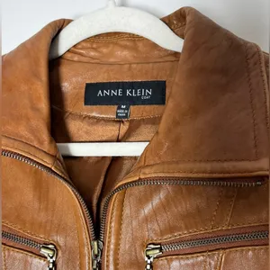 Vintage Anne Klein Longer Line Camel Faux Belted Leather Jacket Sz M thumbnail 2
