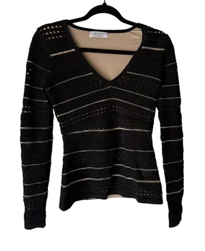 Bailey 44‎ Sweater Y2k Small Black Beige Striped Textured Knit Going Out Top thumbnail 1
