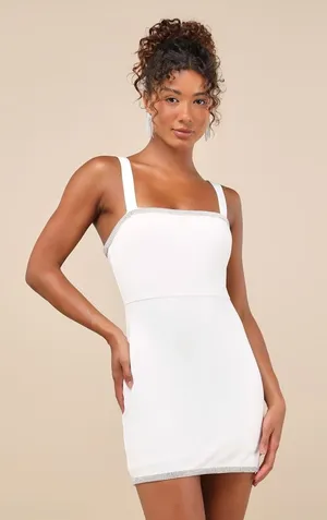 NWT Lulus Glowing Allure White Rhinestone Sleeveless Bodycon Mini Dress Size L thumbnail 1