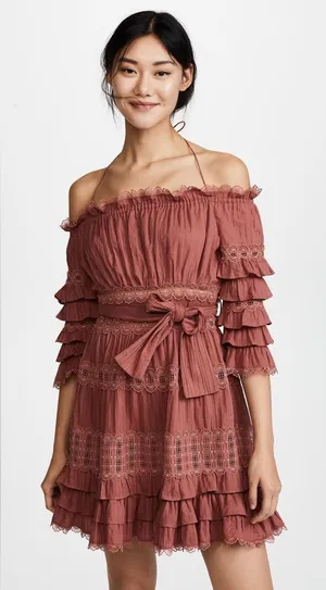 eyelet ruffle Corsair Frill Tier Dress Vintage Rose rust long sleeve thumbnail 1