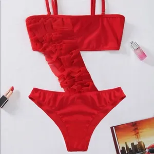Red Ruffle One Shoulder Bikini Set Women’s Size L Swimwear thumbnail 2