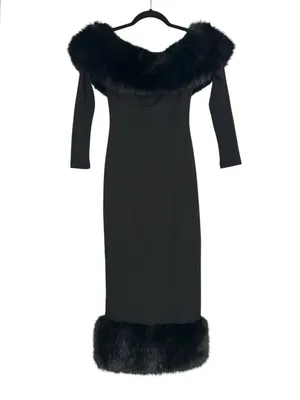 NWT Babyboo Vittoria Off Shoulder Black Faux Fur Trim Bodycon Midi Dress XS thumbnail 3