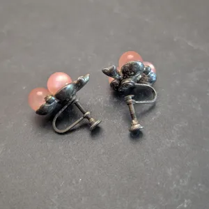 Vintage Screw On Earrings Pink Trio with Clear Gem Accents - Tarnished thumbnail 5