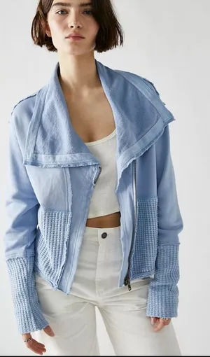 Free People Hazel Cardi Jacket Corsican Sea Blue Size Medium Zip Hoodie Sweater‎ thumbnail 1