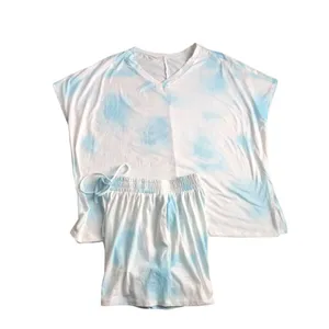 Boutique Lot 2~2PC Tie Dye Pajama Sets Sz L SS Tee Short Drawstring Blue Lounge thumbnail 4