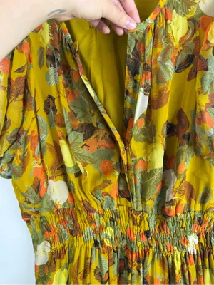 Anthropologie Yellow Fruit Print Smocked Waist Tiered Dress, Size XL thumbnail 7