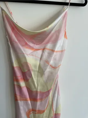 Olia Orange Pink Yellow Swirl Cowl Neck Satin Mini Dress Size XS thumbnail 3