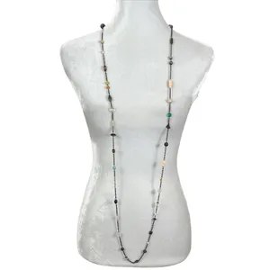 Multicolor Multi Shape Beaded Gold Tone Chain Long Layering Necklace Green thumbnail 2