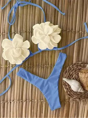 SHEIN Blue Bikini with Cream Floral Appliqués thumbnail 1