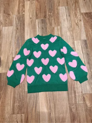 Pink Lily I'll Be There Green Fuzzy Heart Sweater thumbnail 2