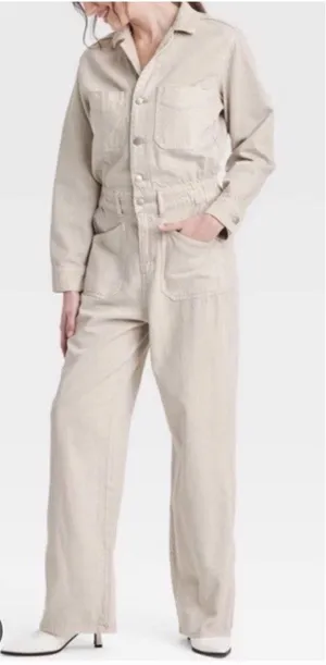 Universal Threads Utility Jumpsuit Women’s 6 Beige Wide Leg Button Front thumbnail 1