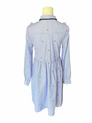 English Factory - Blue Pinstripe Floral Embroidered Ruffle Bow Dress Sz S thumbnail 4