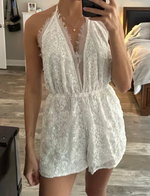 Kendall & Kylie Backless White Lace Romper thumbnail 1