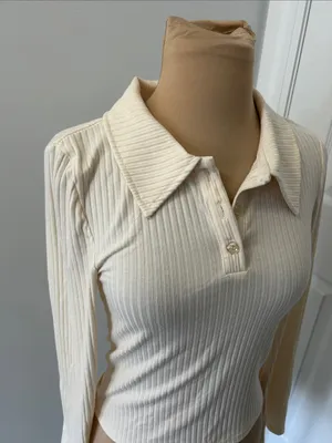 Noisy May Cream Ribbed Long Sleeve Polo Shirt thumbnail 5