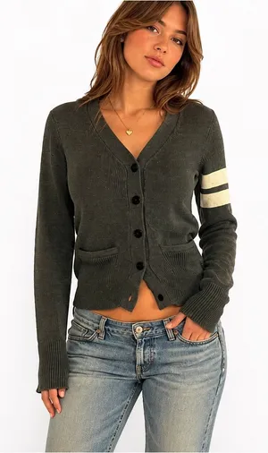 Y2K Converse One Star Varsity Stripe V-Neck Cardigan Size Small Gray thumbnail 1