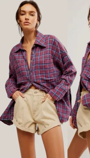 Free People Oversized Bohemian Grunge Fall Cardiff Plaid Swing Top Shirt Medium thumbnail 1