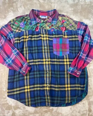 90s QPS Patchwork Embroidered Plaid Flannel Button thumbnail 1