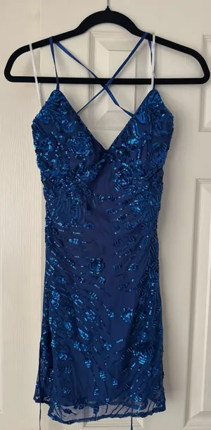 Blue lulus lace up sequin dress hoco thumbnail 1