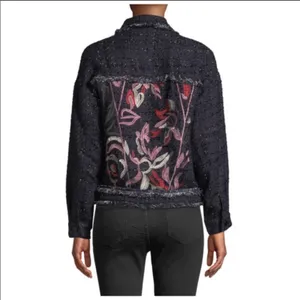 Foxiedox Floral Embroidered Fringe Tweed Jacket Dark Blue Women's Size Medium thumbnail 2
