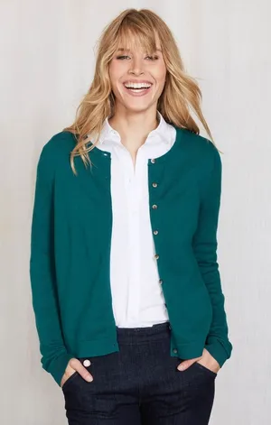 Boden Teal Ribbed Crew Neck Cardigan Classic Preppy Cotton Long Sleeve Size S thumbnail 1