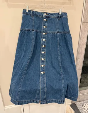LOFT Blue Button-Front A-Line Denim Skirt thumbnail 1