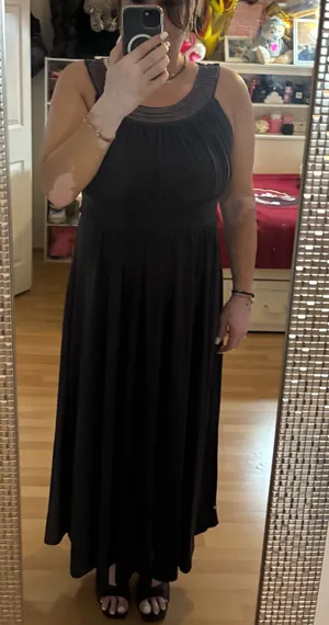 Haani Grecian Empire Waist Halter Beaded Maxi Dress Charcoal Gray Pleated Size L thumbnail 1