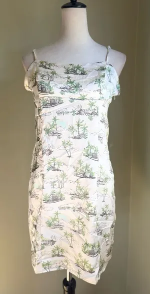 Hippie Rose Y2K animal ‎ ivory Green safari slip Mini Dress satin vacation palm tree boho xl thumbnail 1